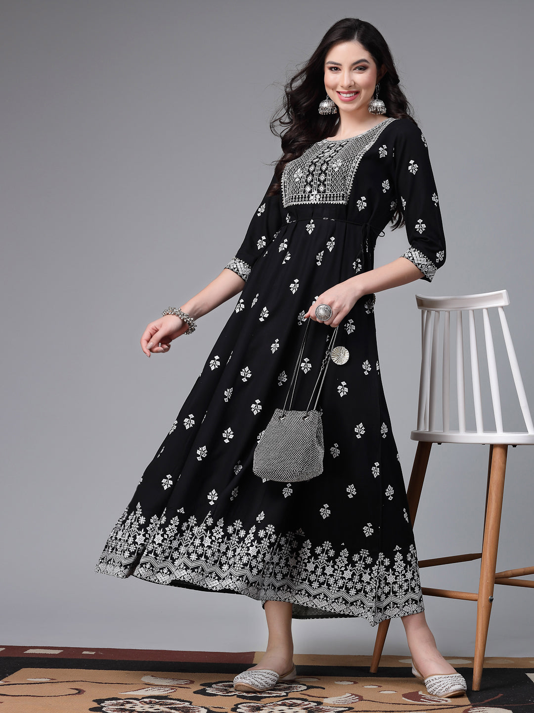 Printed &amp; Embroiderd Rayon Anarkali Kurta