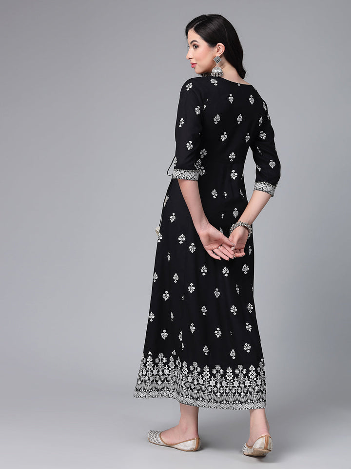 Printed &amp; Embroiderd Rayon Anarkali Kurta