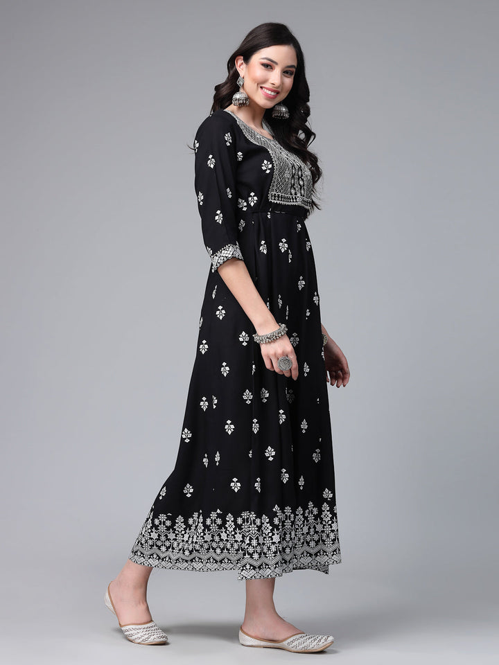 Printed &amp; Embroiderd Rayon Anarkali Kurta