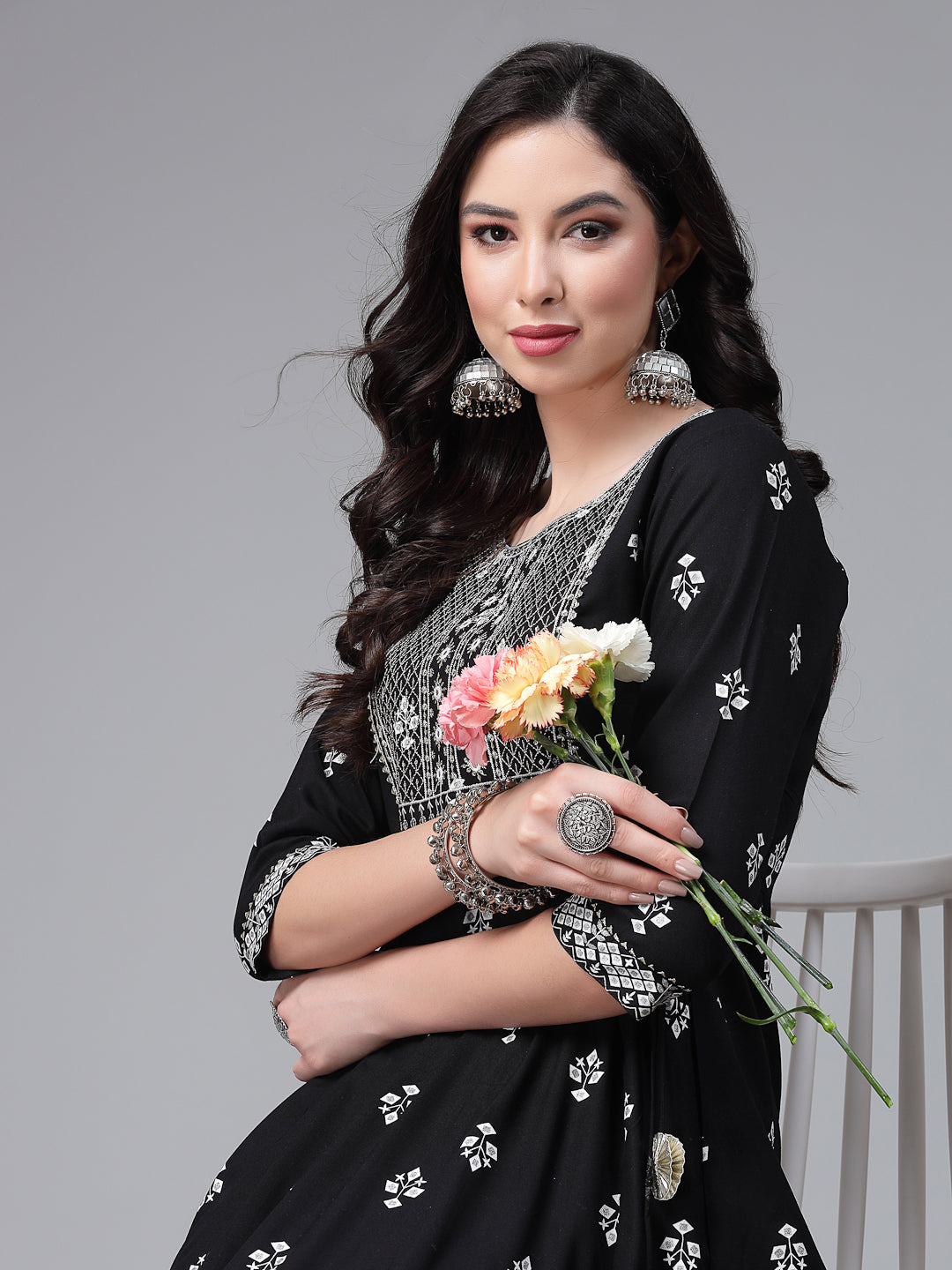 Printed &amp; Embroiderd Rayon Anarkali Kurta