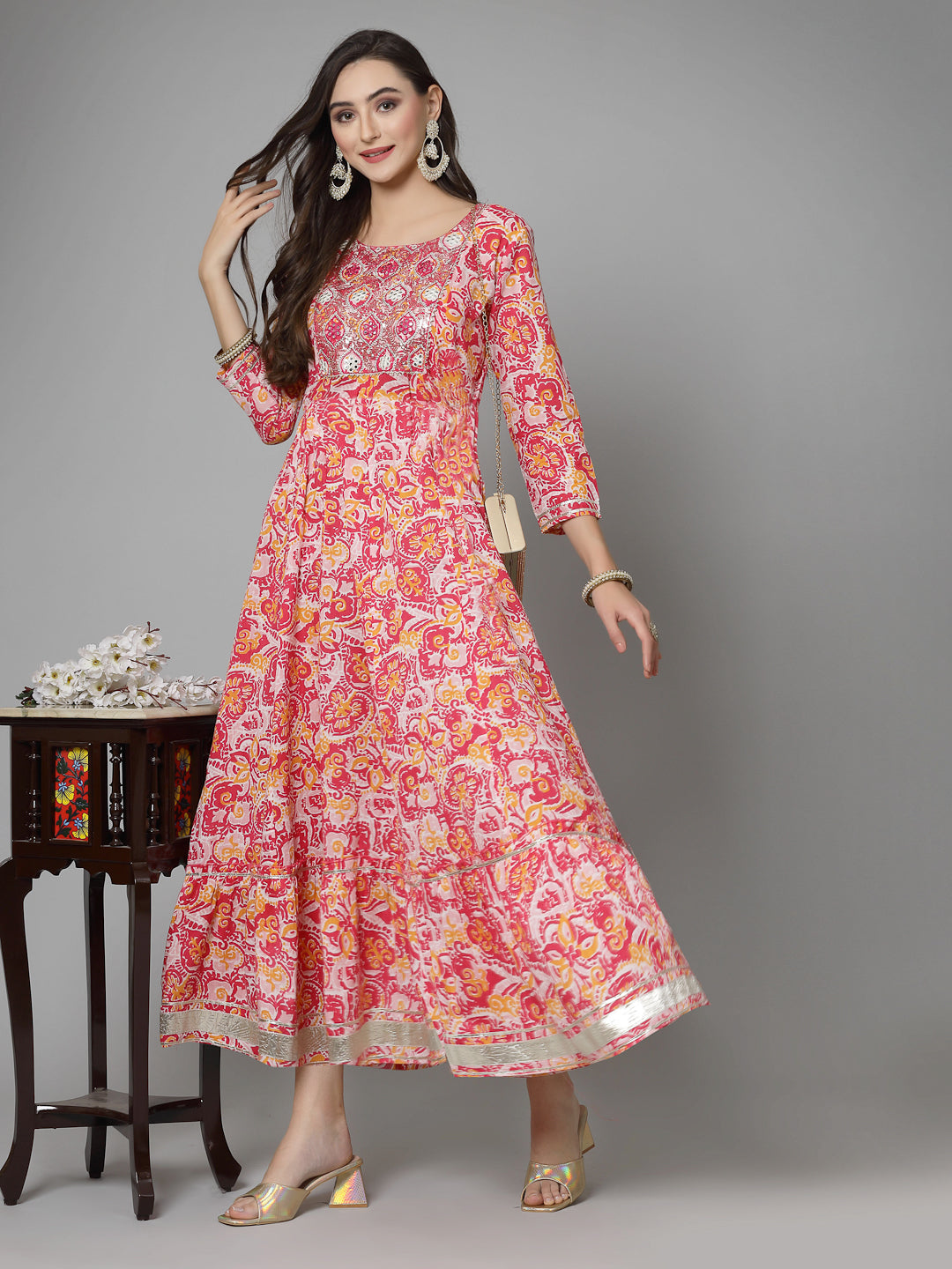 Printed &amp; Embroidered Cotton Tiered Dress Kurta