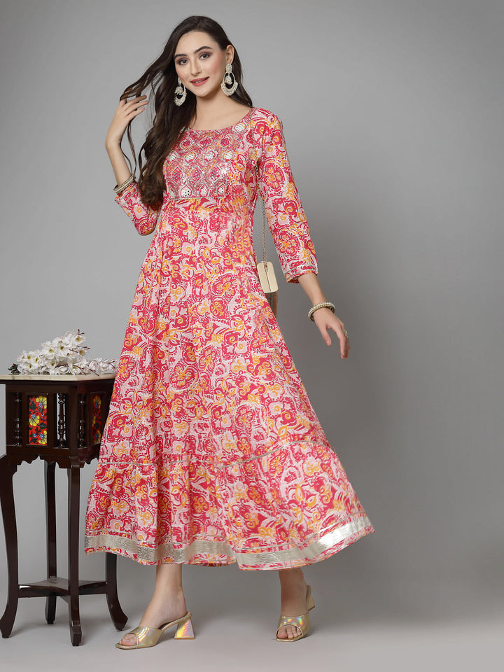 Printed &amp; Embroidered Cotton Tiered Dress Kurta