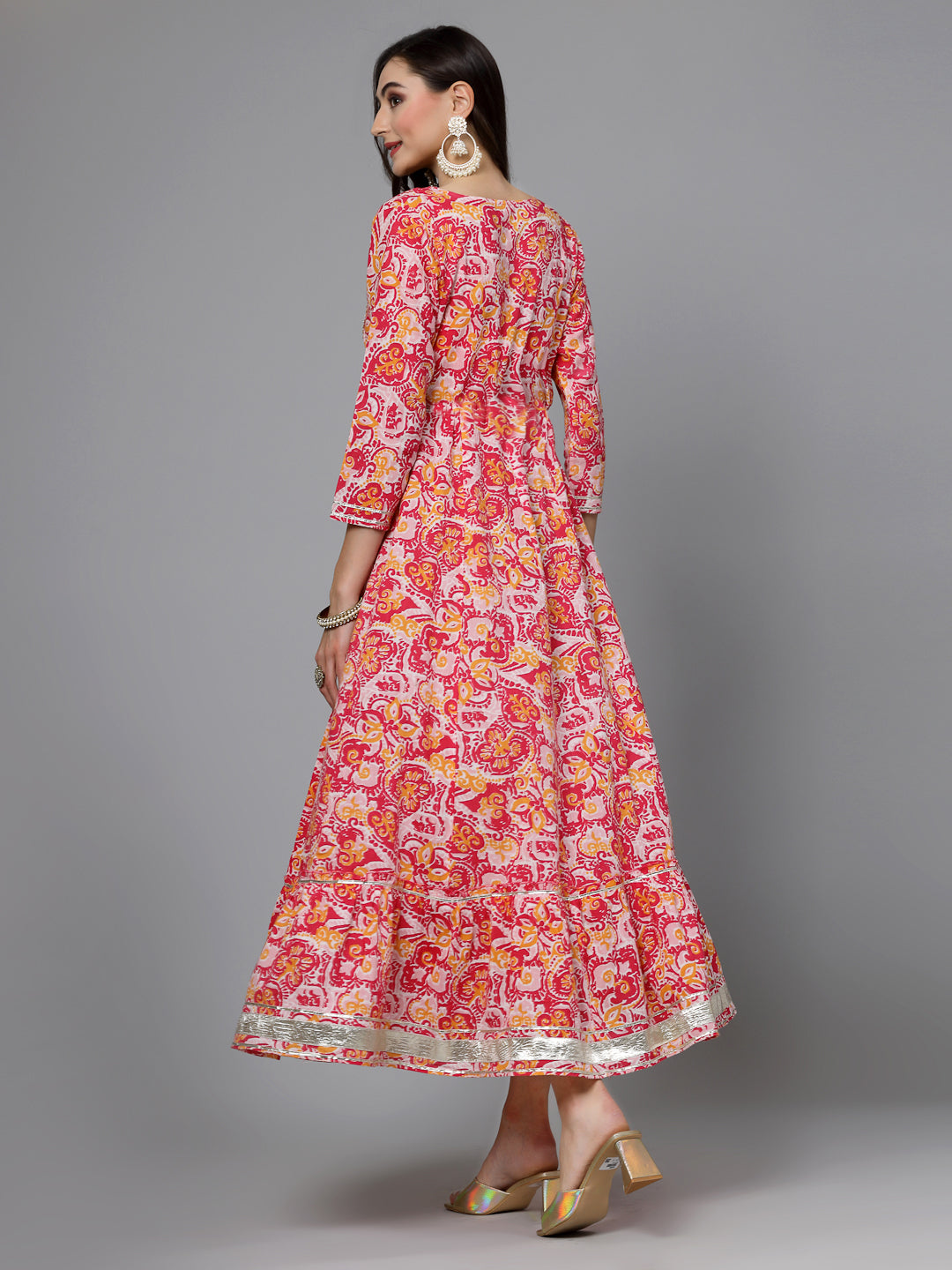 Printed &amp; Embroidered Cotton Tiered Dress Kurta