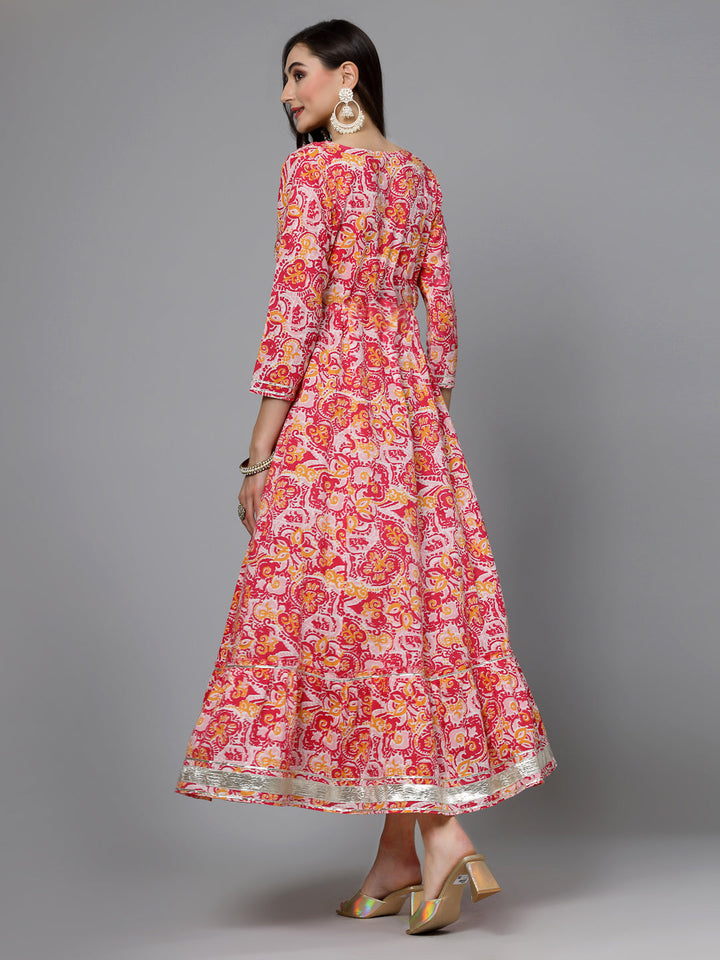 Printed &amp; Embroidered Cotton Tiered Dress Kurta