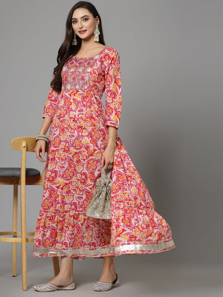 Printed &amp; Embroidered Cotton Tiered Dress Kurta