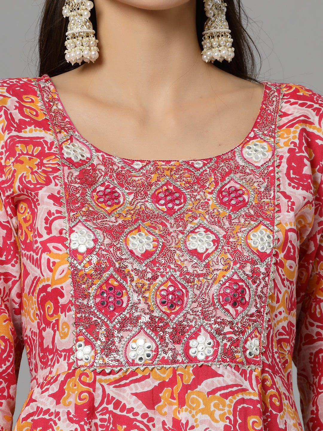 Printed &amp; Embroidered Cotton Tiered Dress Kurta