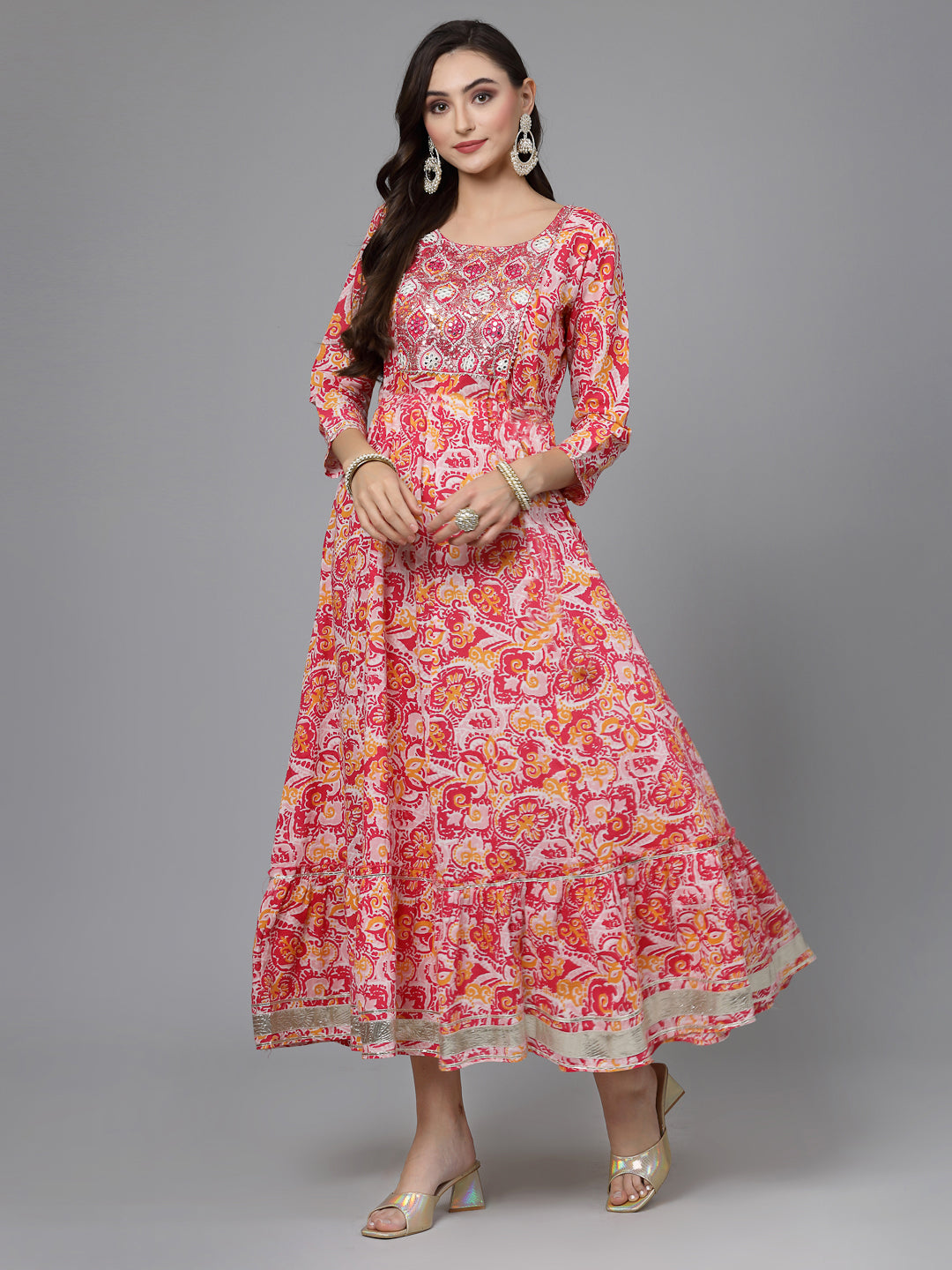 Printed &amp; Embroidered Cotton Tiered Dress Kurta