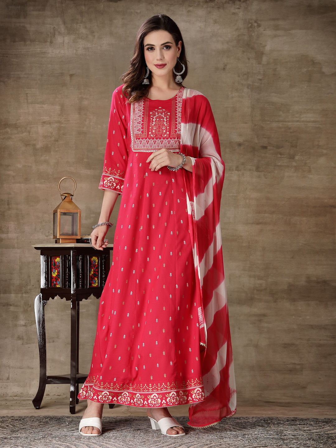 Printed Rayon Anarkali Kurta With Dupatta
