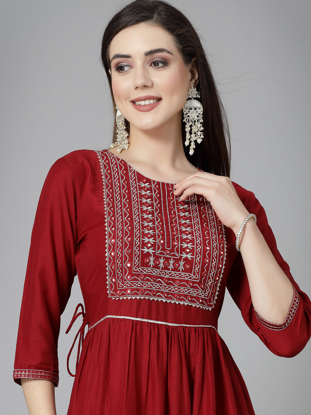 Embroidered &amp; Embellished Silk Blend Tiered Dress Kurta