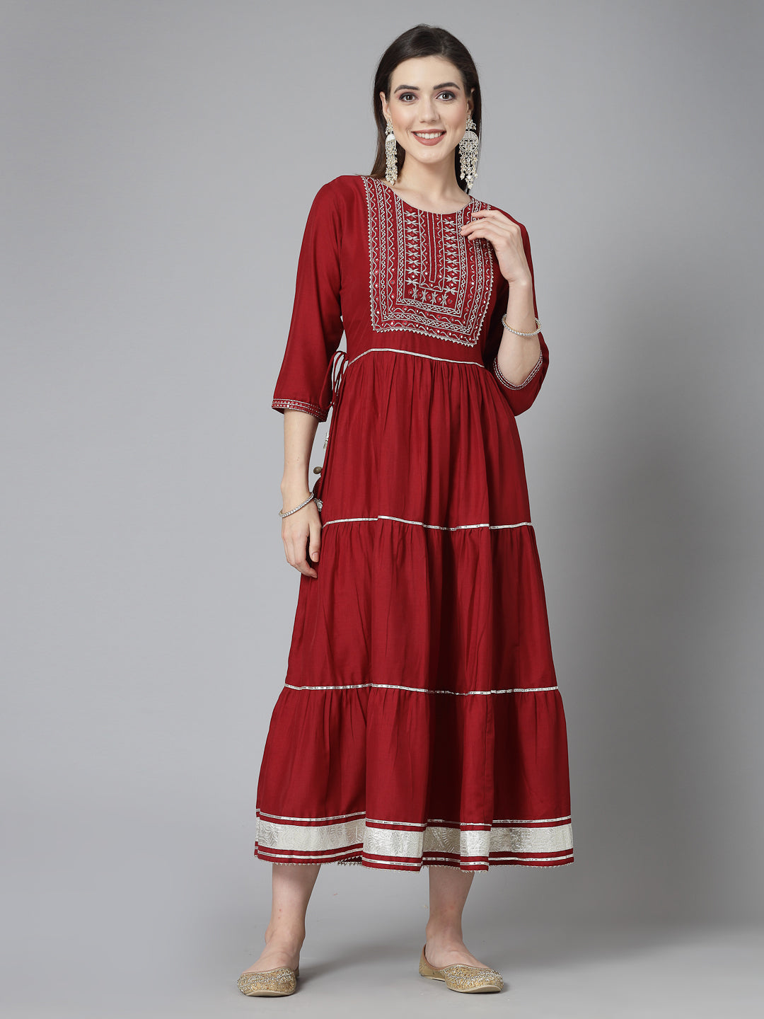 Embroidered & Embellished Silk Blend Tiered Dress Kurta