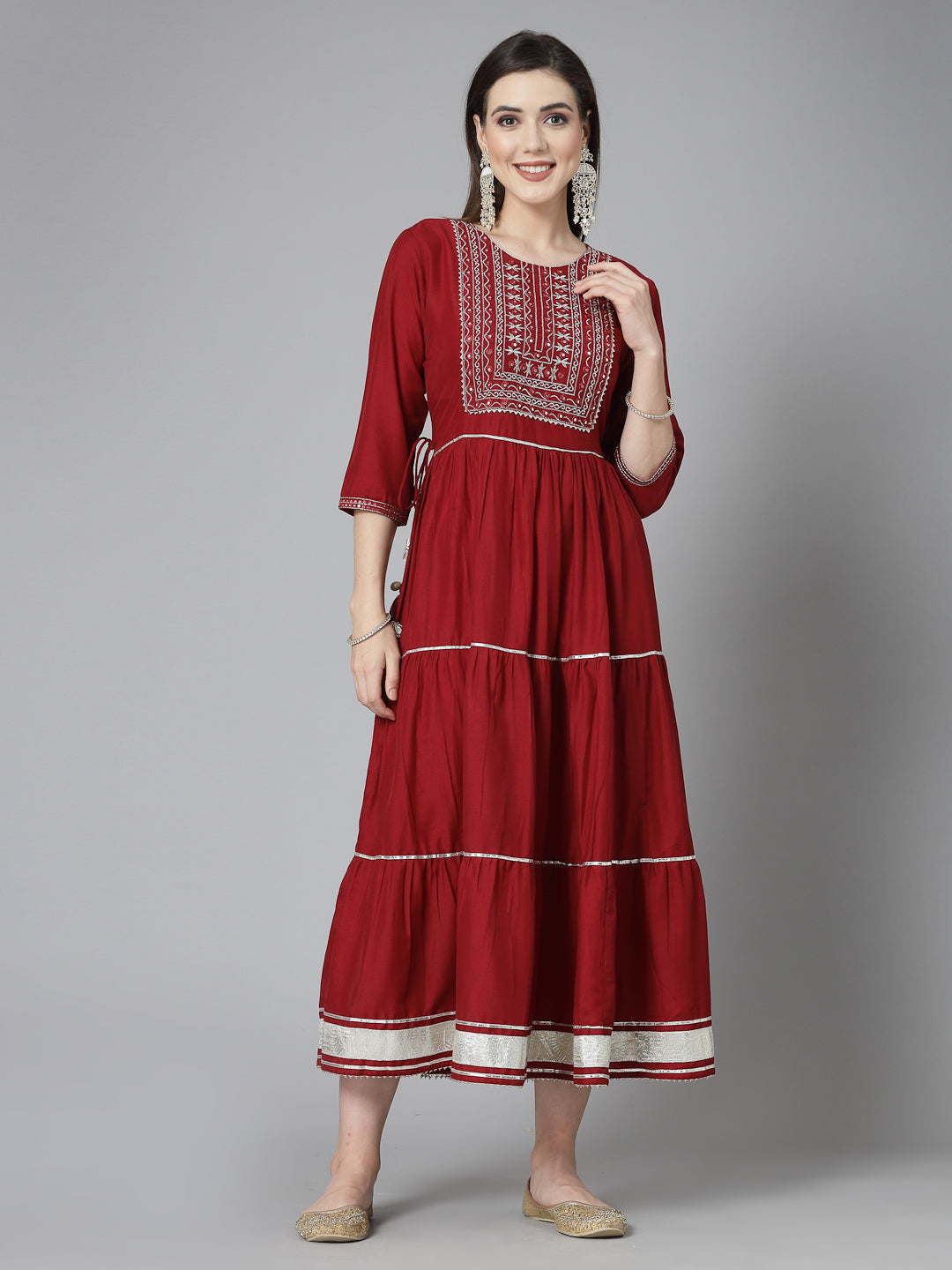 Embroidered &amp; Embellished Silk Blend Tiered Dress Kurta
