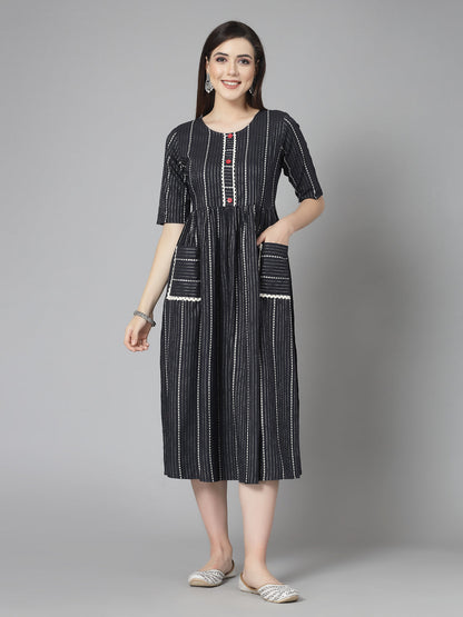 Woven Design & Embellished Cotton Blend Pleated Dress Kurta