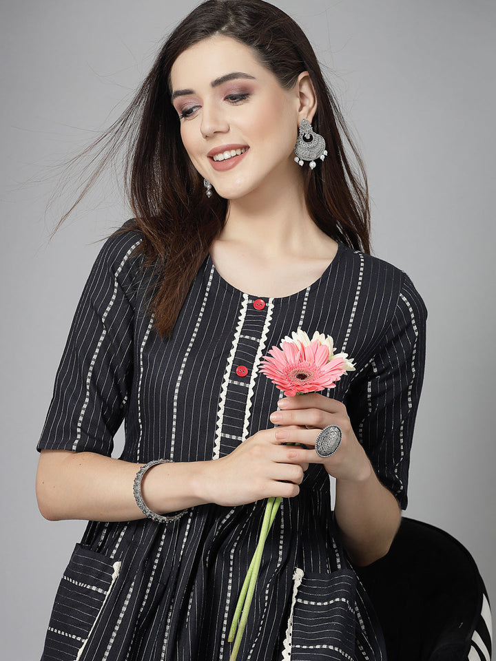 Woven Design &amp; Embellished Cotton Blend Pleated Dress Kurta