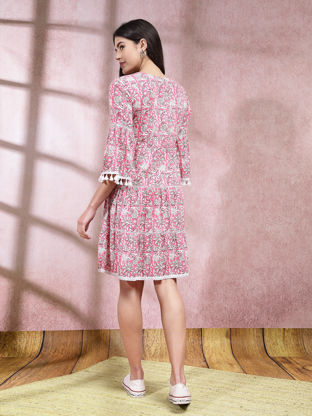 Floral Printed Cotton Tiered A-Line Dress