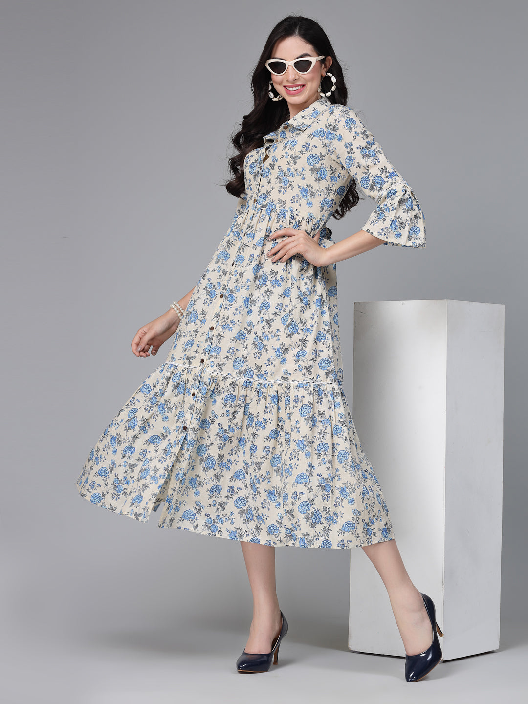 Floral Printed Cotton Tiered Midi Dress