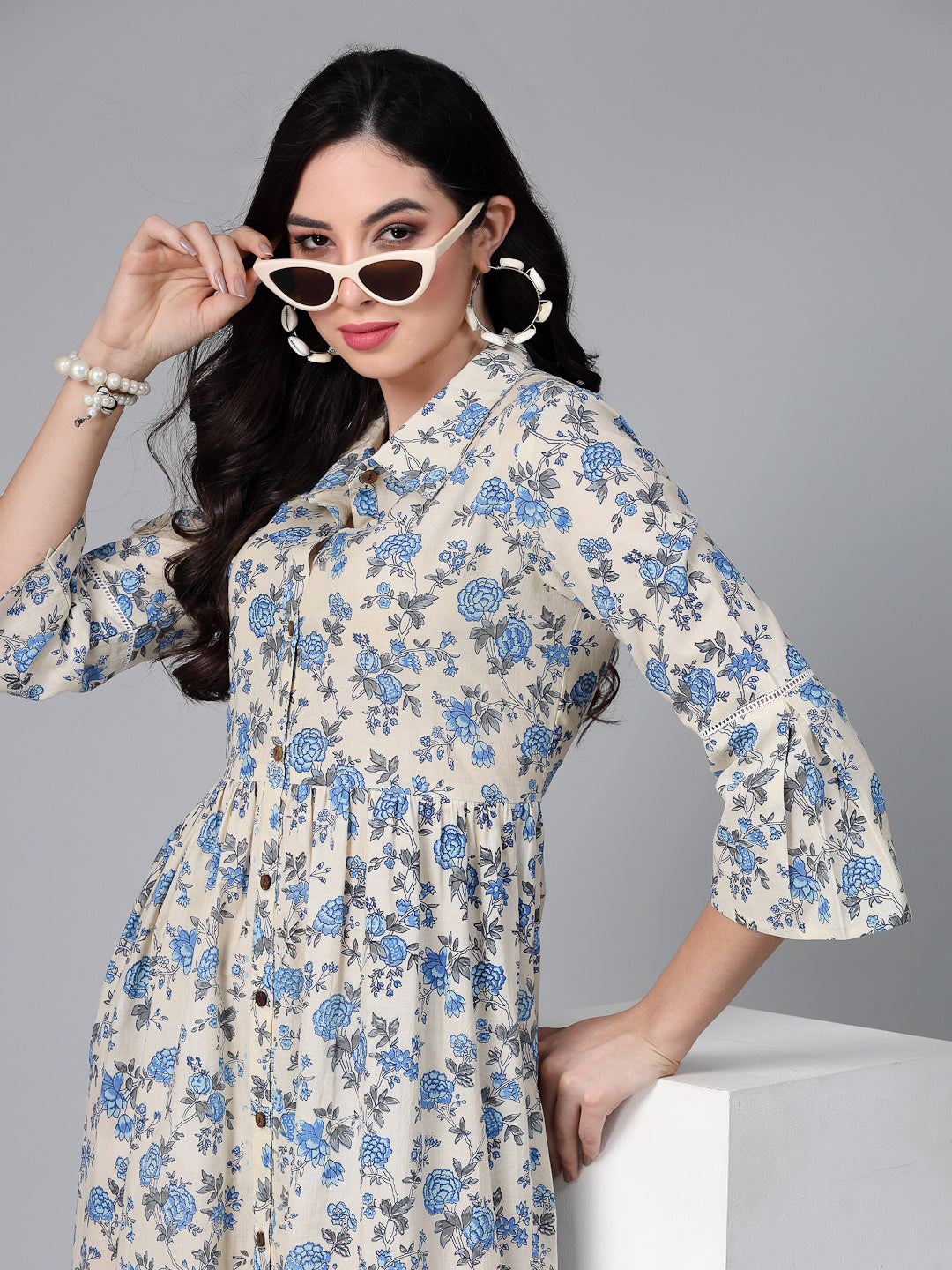 Floral Printed Cotton Tiered Midi Dress