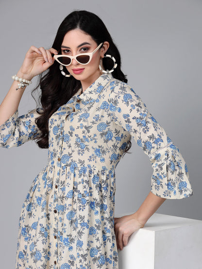 Floral Printed Cotton Tiered Midi Dress