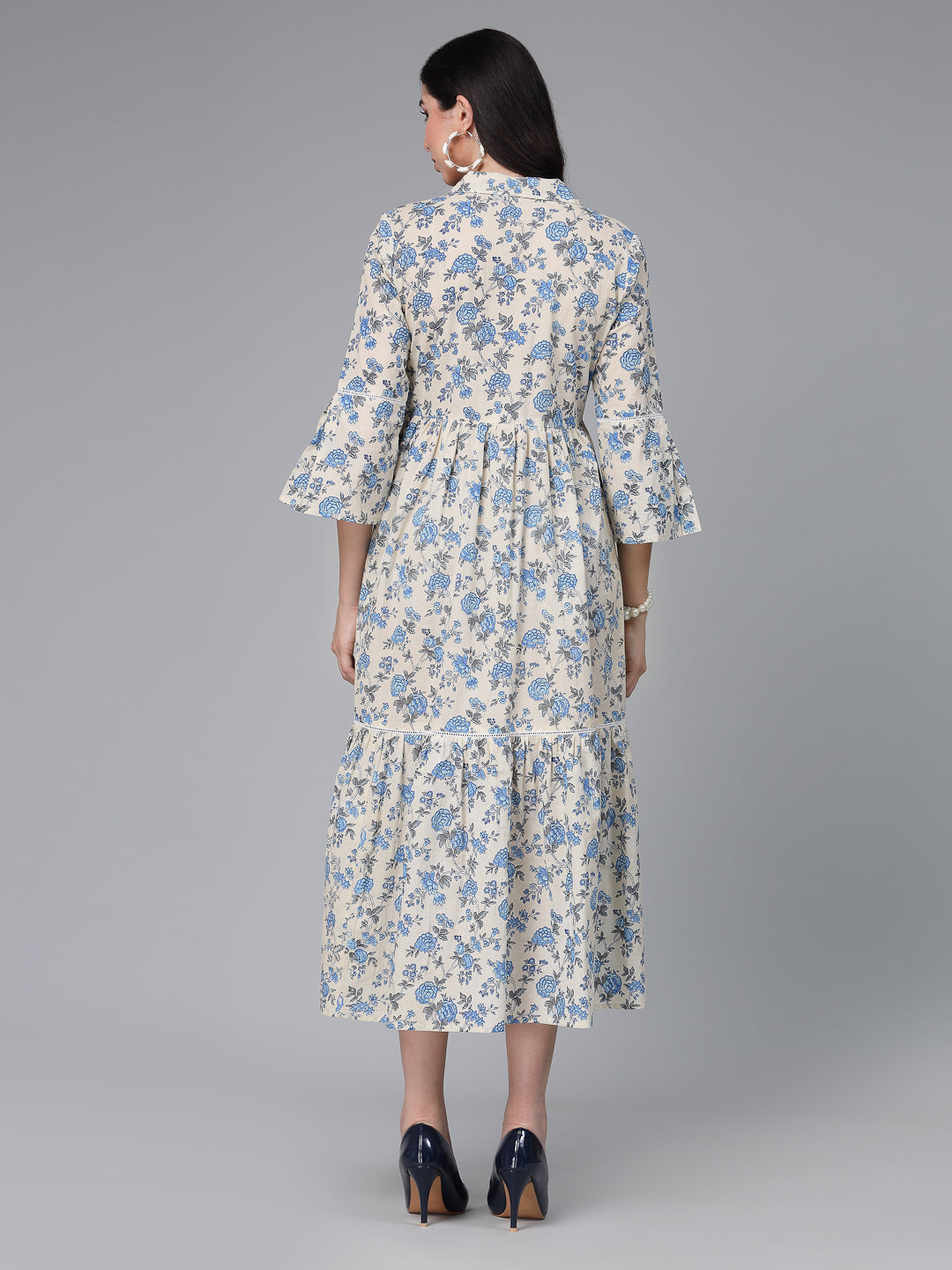 Floral Printed Cotton Tiered Midi Dress