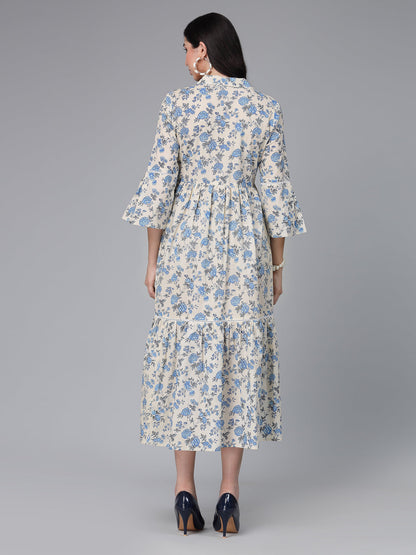 Floral Printed Cotton Tiered Midi Dress