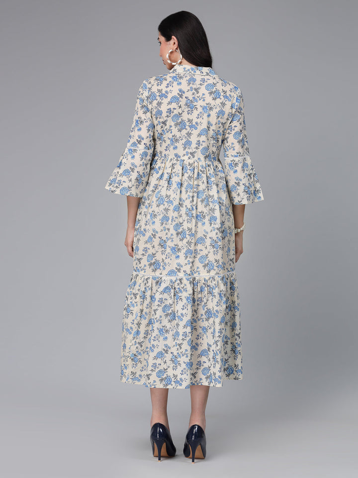 Floral Printed Cotton Tiered Midi Dress