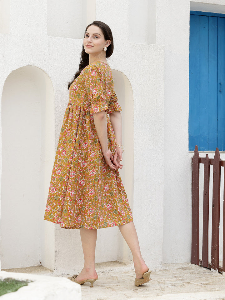 Floral Printed Cotton A-Line Midi Dress
