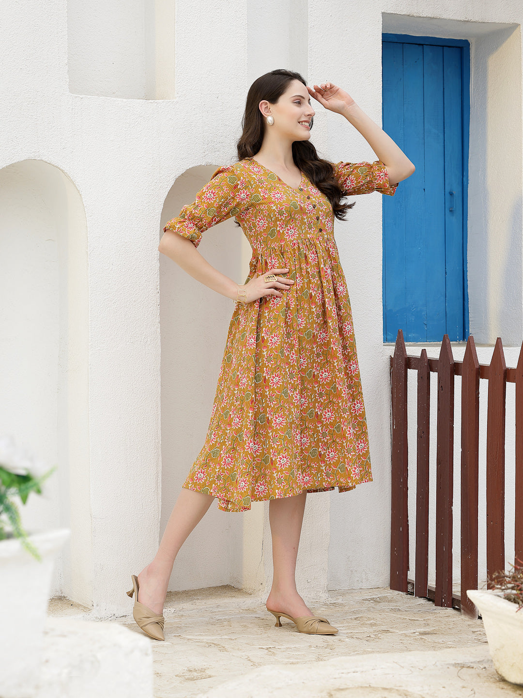 Floral Printed Cotton A-Line Midi Dress