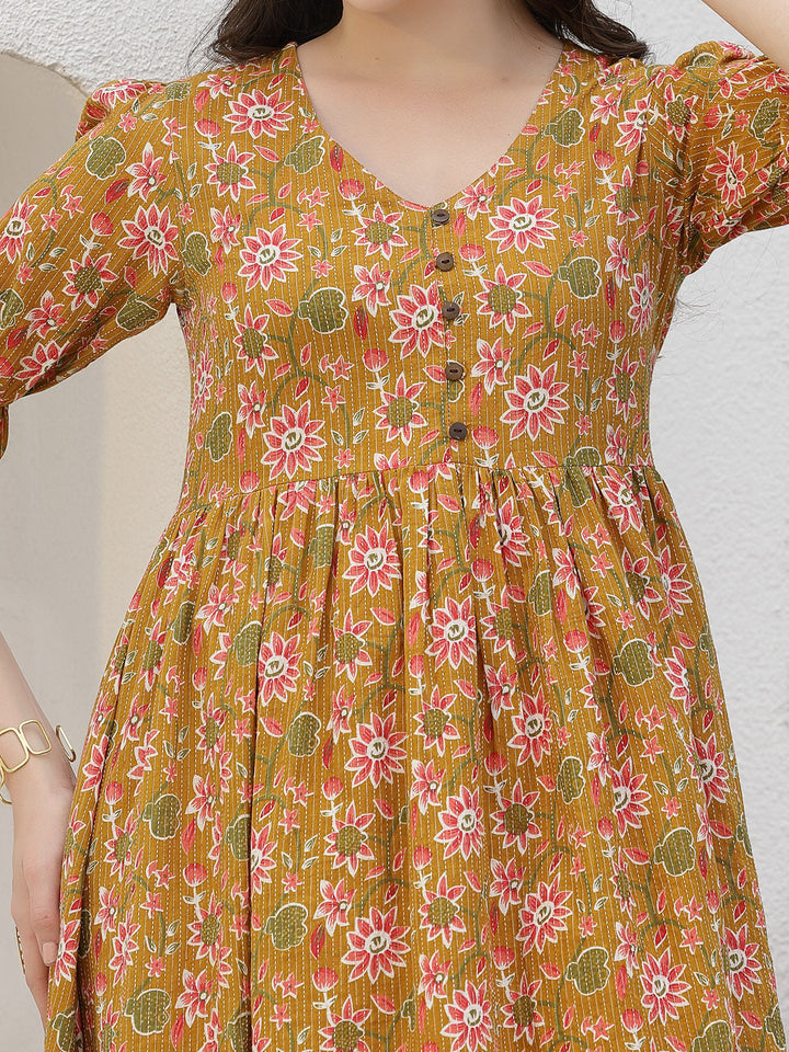 Floral Printed Cotton A-Line Midi Dress