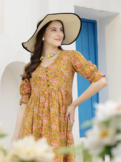 Floral Printed Cotton A-Line Midi Dress