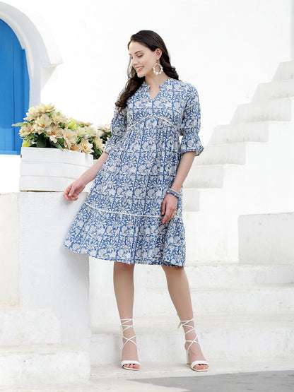 Floral Printed Cotton Tiered A-Line Dress