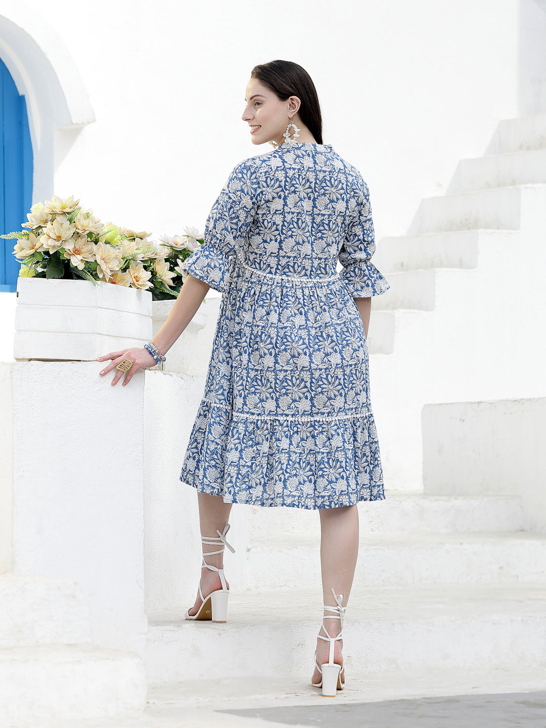 Floral Printed Cotton Tiered A-Line Dress