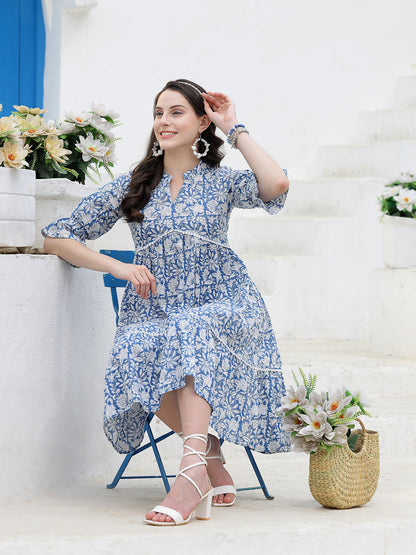 Floral Printed Cotton Tiered A-Line Dress