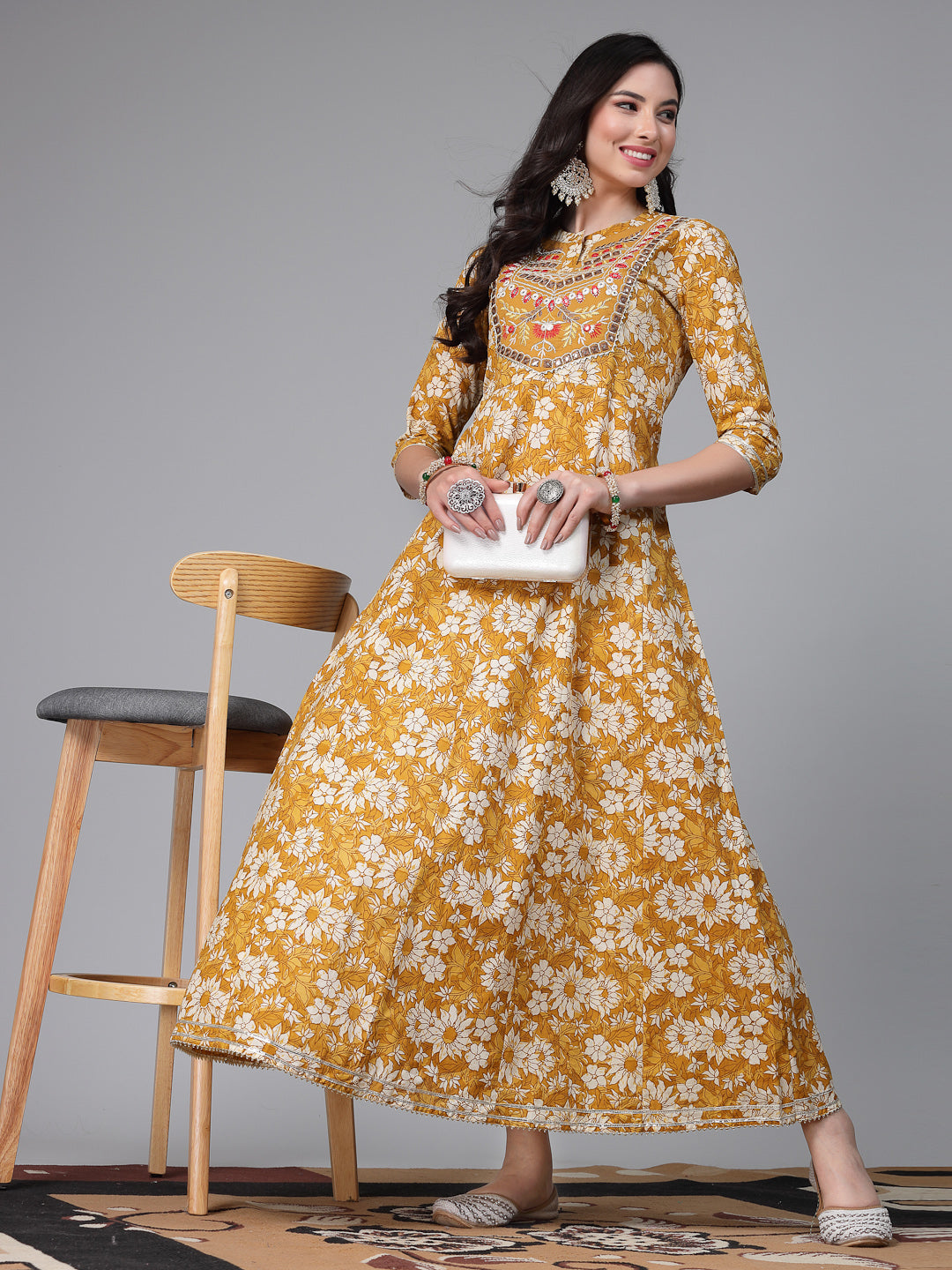 Floral Printed &amp; Embroidered Cotton Anarkali Kurta