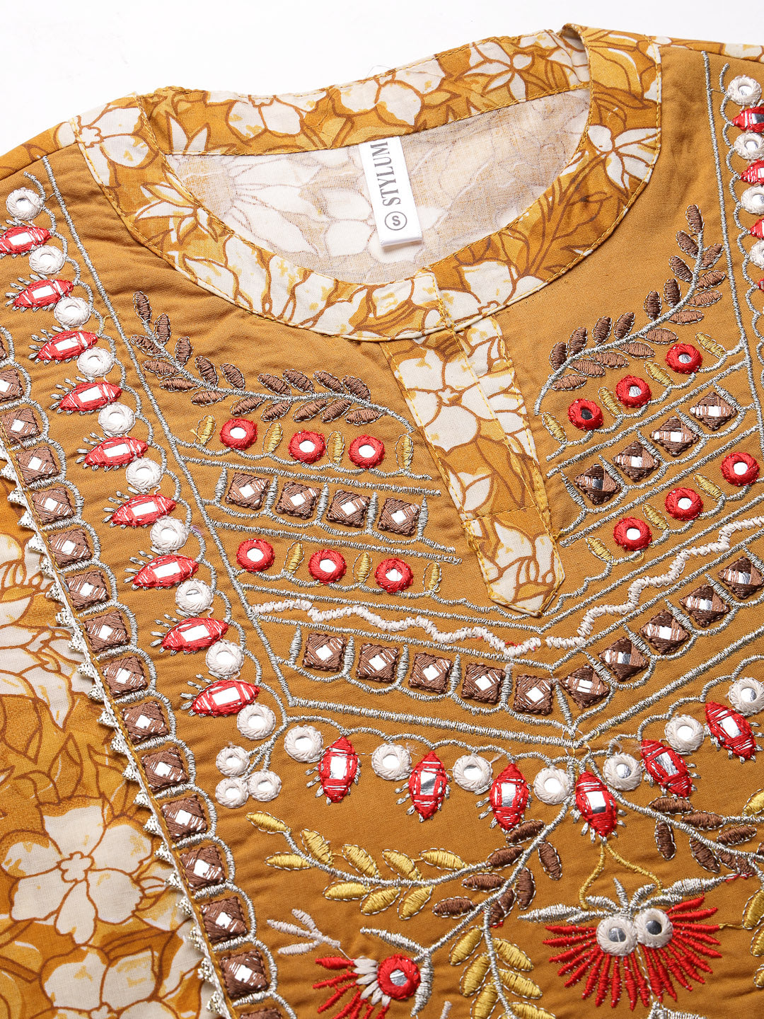 Floral Printed &amp; Embroidered Cotton Anarkali Kurta