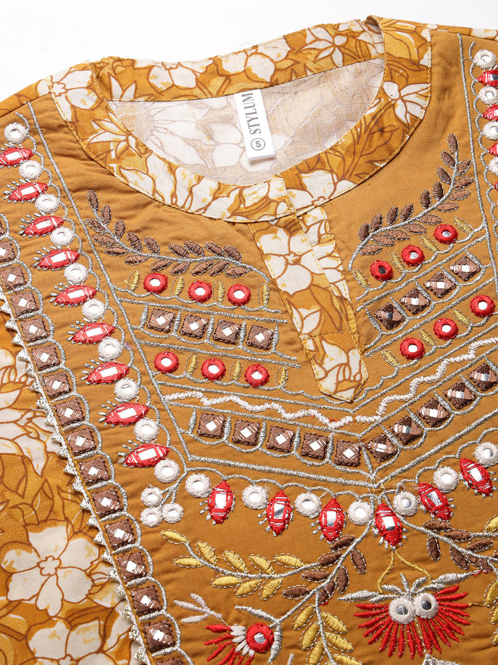 Floral Printed &amp; Embroidered Cotton Anarkali Kurta
