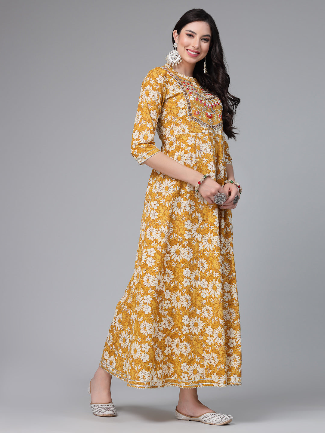 Floral Printed &amp; Embroidered Cotton Anarkali Kurta