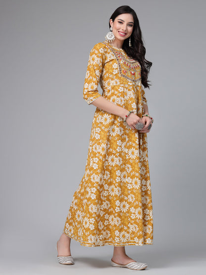 Floral Printed & Embroidered Cotton Anarkali Kurta
