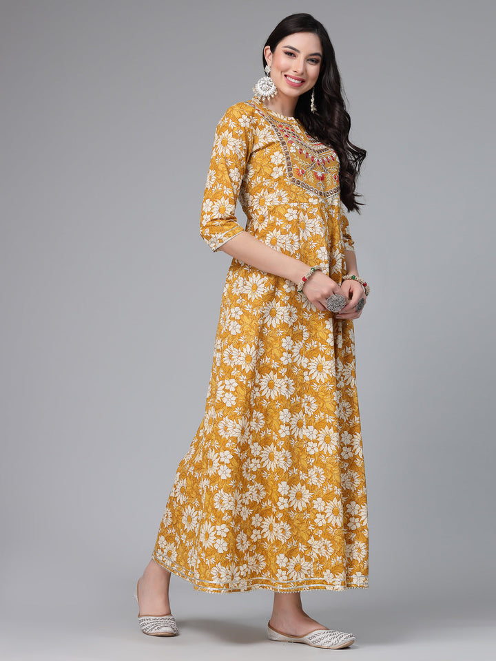 Floral Printed &amp; Embroidered Cotton Anarkali Kurta