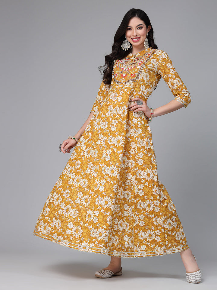 Floral Printed &amp; Embroidered Cotton Anarkali Kurta