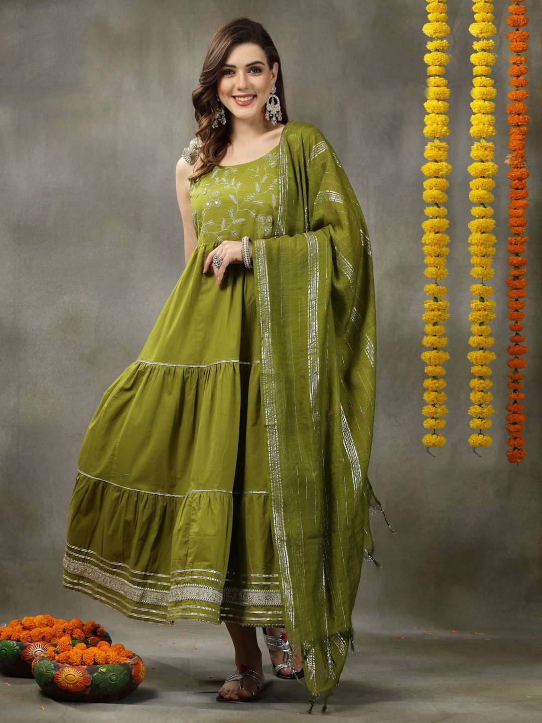 Embroidered Cotton Tiered Kurta with Dupatta
