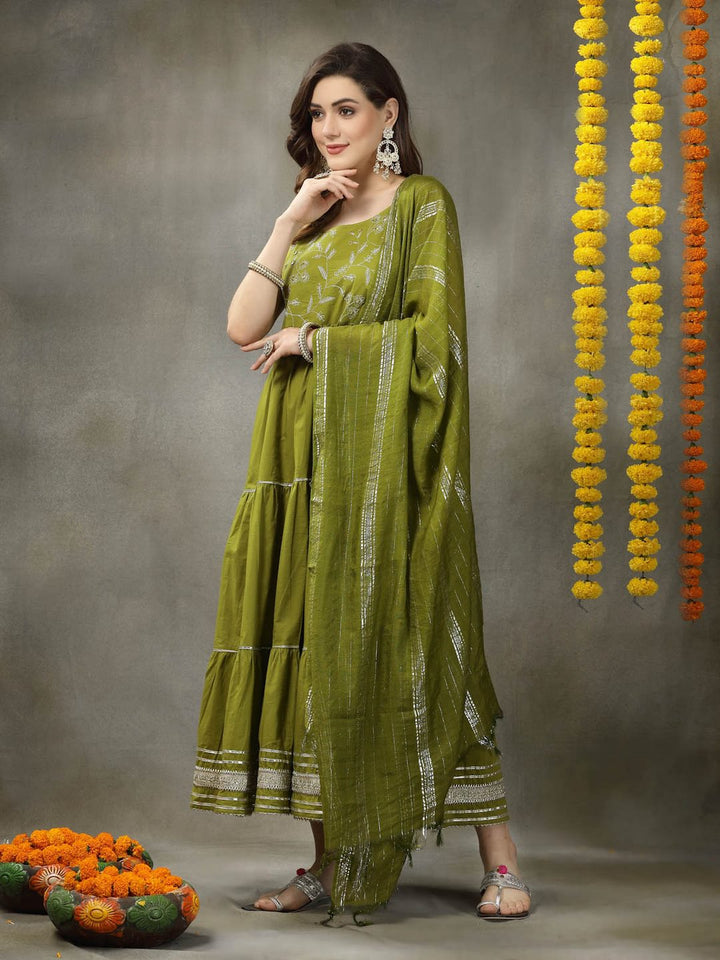 Embroidered Cotton Tiered Kurta with Dupatta