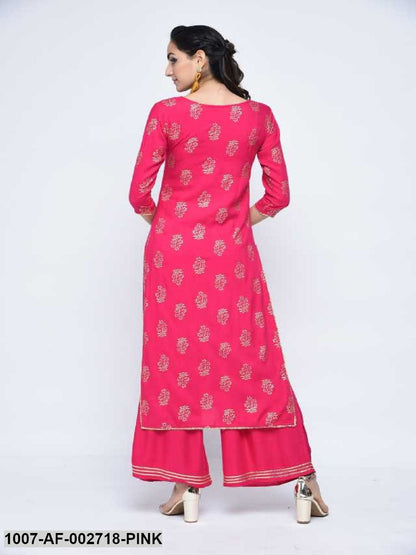 Gold Print Rayon Straight Kurta Palazzo Set (Pink)