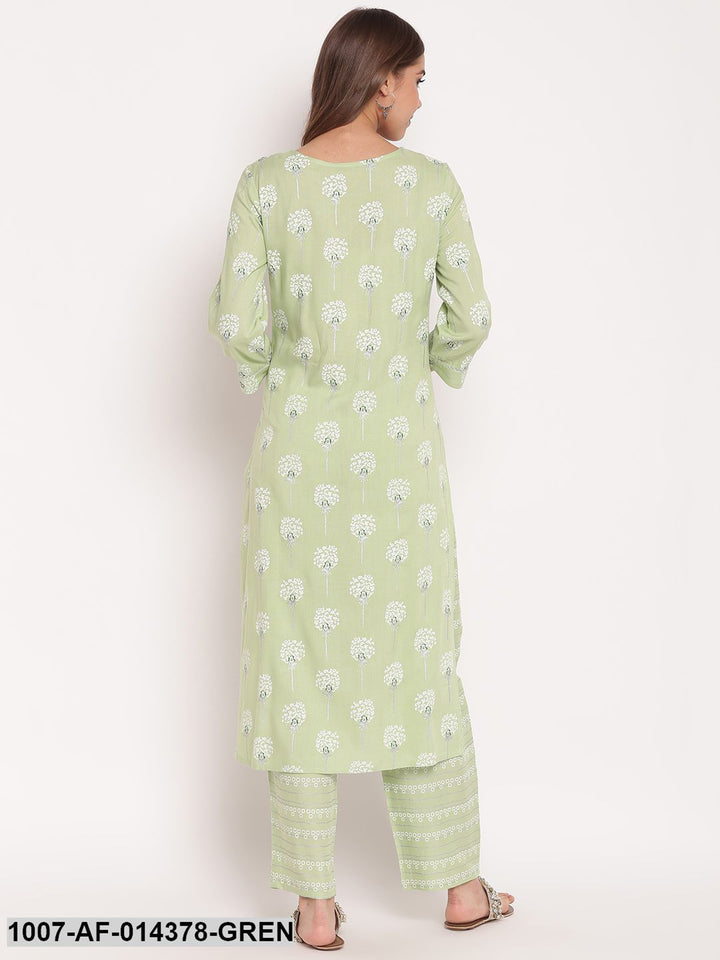 Floral Print Rayon Straight Kurta Pant Set (Mint Green)