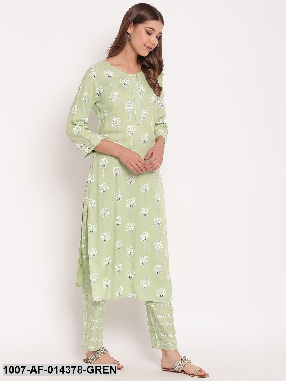 Floral Print Rayon Straight Kurta Pant Set (Mint Green)