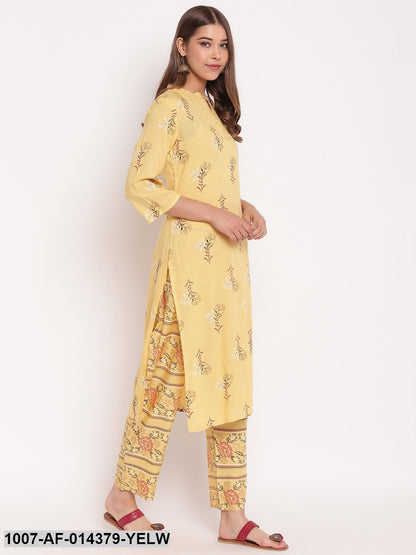 Floral Print Rayon Straight Kurta Pant Set (Lemon Yellow)
