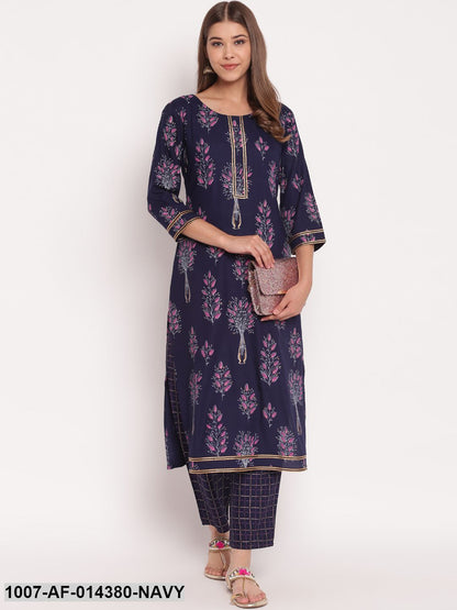 Floral Print Rayon Straight Kurta Pant Set (Navy Blue)