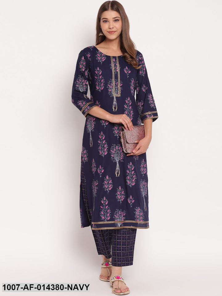Floral Print Rayon Straight Kurta Pant Set (Navy Blue)