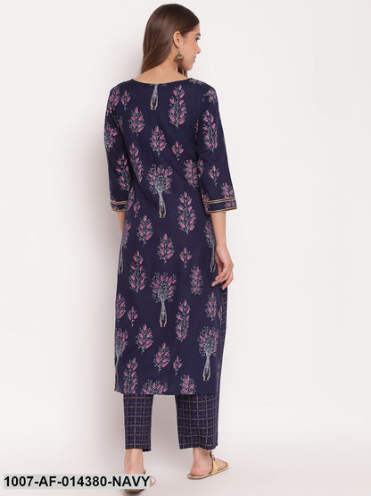 Floral Print Rayon Straight Kurta Pant Set (Navy Blue)