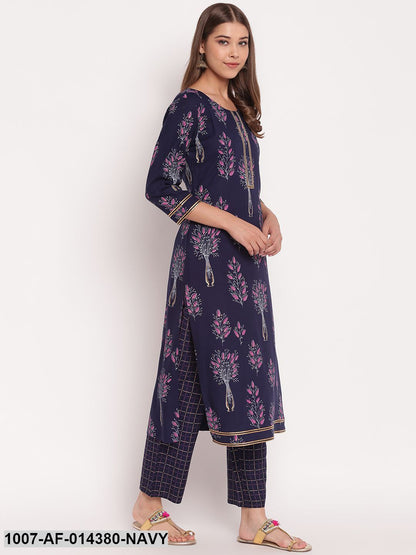 Floral Print Rayon Straight Kurta Pant Set (Navy Blue)