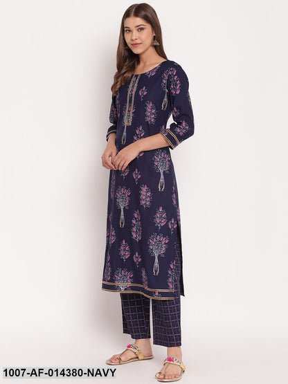 Floral Print Rayon Straight Kurta Pant Set (Navy Blue)