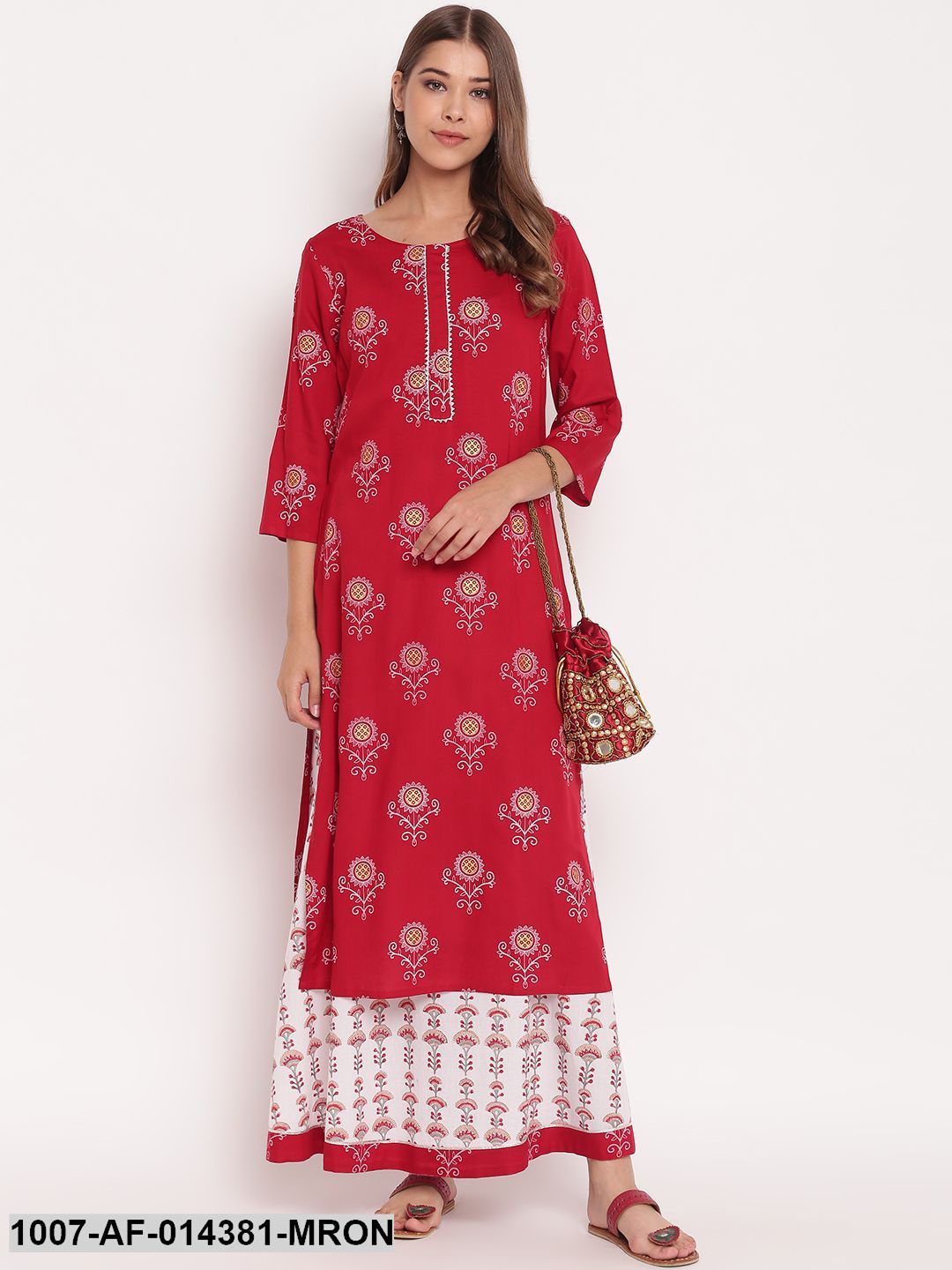 Floral Print Rayon Straight Kurta Skirt Set (Maroon,White)